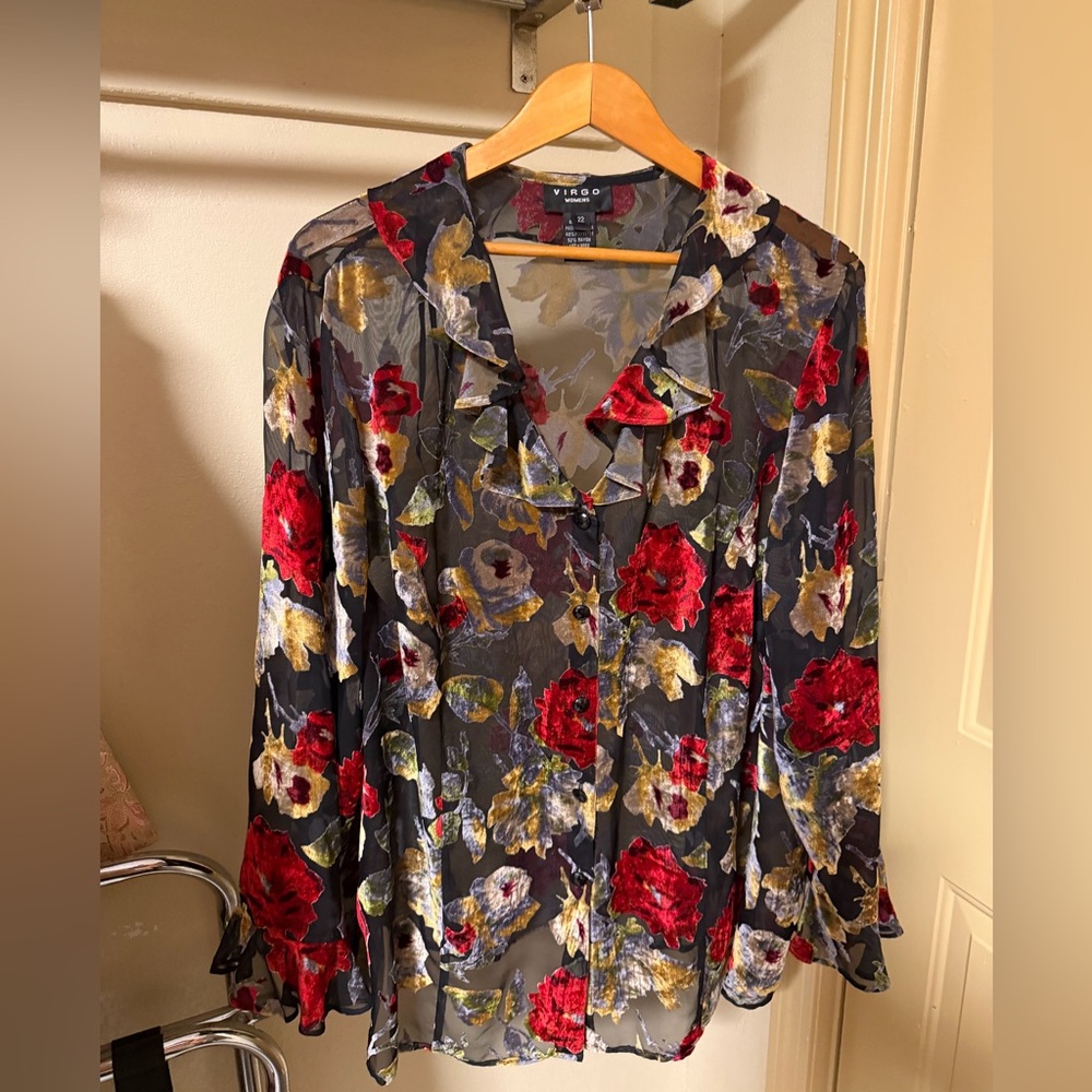 Vintage Virgo Sheer Floral Burn out Blouse with ruffles Red, Yellow,& black 22